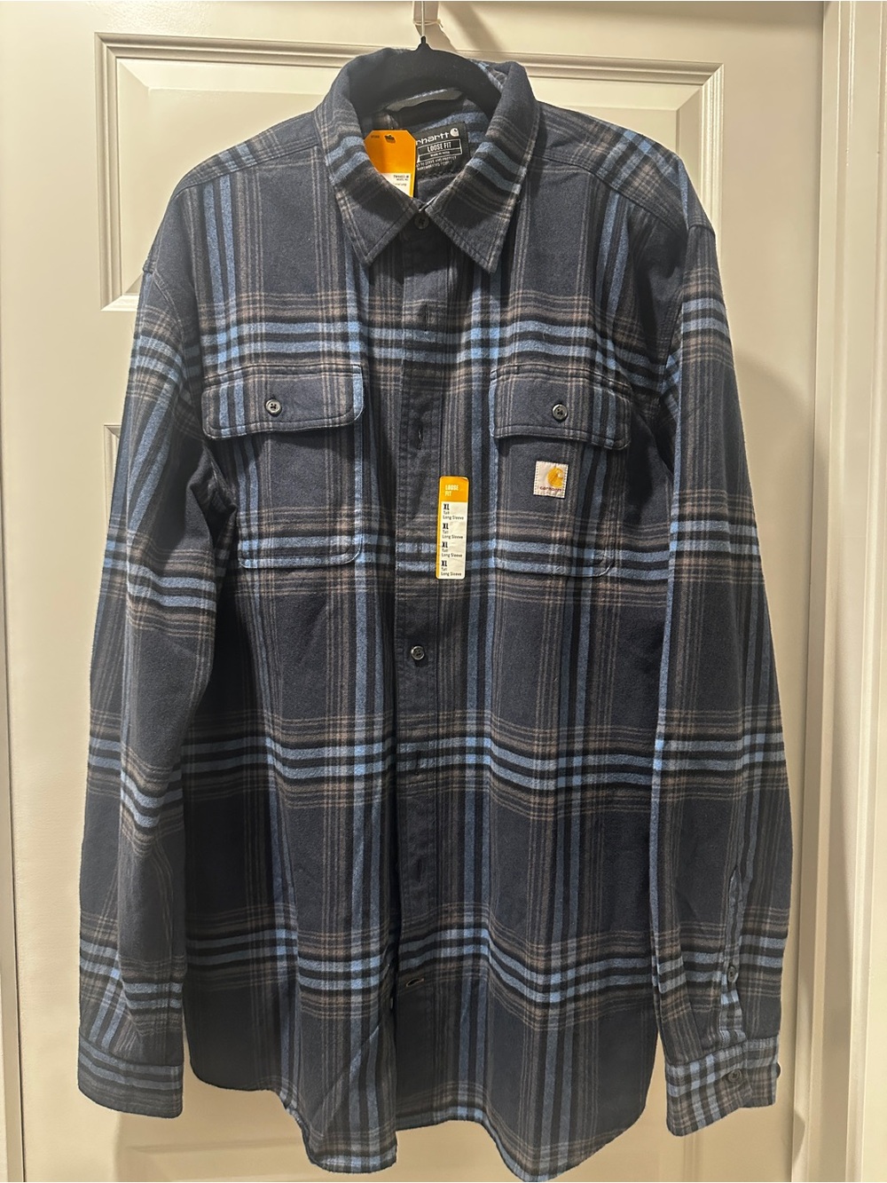 Carhartt Men’s Navy and Light Blue Plaid Button-Front Work Shirt